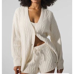 ALO Cable Knit Winter Bliss Cardigan, Ivory, size S